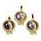 Natural Amethyst Flat Round Shaped Brass Pendants, Rack Plating, Cadmium Free & Lead Free, Golden, 29.5x21.5x9.5~11mm, Hole: 7.5x4.5mm