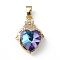 Real 18K Gold Plated Rack Plating Brass Micro Pave Clear Cubic Zirconia Pendants, with Glass, Long-Lasting Plated, Cadmium Free & Lead Free, Heart Charm, Medium Purple, 24x16x8mm, Hole: 5mm
