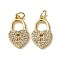 Brass Micro Pave Clear Cubic Zirconia Pendants,  Heart-shape Lock, with Jump Ring, Rack Plating, Long-Lasting Plated, Lead Free & Cadmium Free, Real 18K Gold Plated, 18x10.5x2mm, Hole: 3.5mm