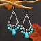Bohemian Fringed Synthetic Turquoise Dangle Earrings, Vintage Ethnic Tibetan Alloy Earrings, Antique Silver, 70x25mm