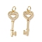 Brass Micro Pave Cubic Zirconia Pendants, with Glass & Jump Ring, Real 18K Gold Plated, Cadmium Free & Nickel Free & Lead Free, Heart Key Charms, Clear, 27x10.5x2mm, Hole: 3mm