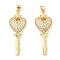 Rack Plating Brass Micro Pave Clear Cubic Zirconia Pendants, Cadmium Free & Lead Free, Key with Heart, Real 16K Gold Plated, 42x15.5x5mm, Hole: 3.5x4mm