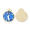 Alloy Enamel Pendants, with Rhinestone, Cadmium Free & Nickel Free & Lead Free, Golden, Flat Round with Cat & Star Pattern, Blue, 26.5x22x2.5mm, Hole: 1.6mm