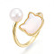 Brass & Natural Pearls Adjustable Open Cuff Rings for Women, with White Shell, Cat Shape, Real 18K Gold Plated, 16mm, Inner Diameter: 17mm
