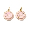 Rack Plating Brass Pendants, with Enamel and Jump Rings, Real 18K Gold Plated, Cadmium Free & Lead Free, Flower, Pink, 17x15x4mm, Jump Ring: 6x1mm, 4mm Inner Diameter