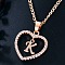 Heart Brass Micro Pave Clear Cubic Zirconia Pendant Necklaces, Rose Gold, Letter K, 17.72 inch(45cm)