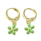 Flower Real 18K Gold Plated Brass Dangle Leverback Earrings, with Enamel, Lawn Green, 24x9mm