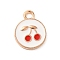 Alloy Enamel Pendants, Light Gold, Fruit, Flat Round, Cherry, 17x13x2mm, Hole: 2.5mm