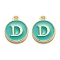Golden Plated Alloy Enamel Charms, Enamelled Sequins, Flat Round with Alphabet, Letter.D, Green, 14x12x2mm, Hole: 1.5mm