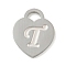 Non-Tarnish 304 Stainless Steel Pendants, Laser Cut, Heart with Letter Charm, Stainless Steel Color, Letter T, 15x12x1mm, Hole: 3x3.5mm