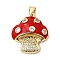 Brass Micro Pave Cubic Zirconia Pendants, with Enamel, Mushroom Charm, Long-Lasting Plated, Cadmium Free & Lead Free, Real 18K Gold Plated, Red, 22.5x19.5x5mm, Hole: 4x3mm