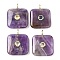 Natural Amethyst Pendants, Square Charms with Brass Micro Pave Cubic Zirconia Findings, Golden, The Color Of Zircon Is Random, 31x24~25x6~7mm, Hole: 3x2mm