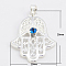 Brass Pendants, with Rhinestone, Lead Free, Nickel Free and Cadmium Free, Hamsa Hand/Hand of Fatima/Hand of Miriam, Silver Color Plated, 28x20x4mm, Hole: 4mm