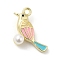 Alloy Enamel Pendants, with Acrylic Imitation Pearls, Golden, Bird Charm, Pink, 18x20x8mm, Hole: 1.8mm