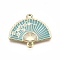 Alloy Links, with Enamel, Folding Fan with Plum Blossom, Light Gold, Dark Turquoise, 20x23.5x2mm, Hole: 1.5mm