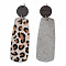 Eco-Friendly Cowhide Leather Big Pendants, with Dyed Wood and 304 Stainless Steel Jump Rings, Rectangle with Leopard Print, Dark Goldenrod, 75mm