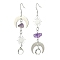 Natural Amethyst & Glass Beaded Dangle Earrings, 201 Stainless Steel Moon & Sun Long Drop Earrings with 304 Stainless Steel Pins, Stainless Steel Color, 72x20mm