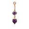 Real 18K Gold Plated Brass Rhinestone Heart Navel Ring Belly Rings, Amethyst, 39x8mm, Bar Length: 3/8