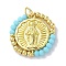 Rack Plated Brass Pendant, with Glass, Long-Lasting Plated, Lead Free & Cadmium Free, Round, Cyan, 23.5x23x3mm
