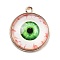 Halloween Theme Glass Pendants, with Golden Alloy Findings, Flat Round with Evil Eye, Lime, 23x20x6.5mm, Hole: 2.5mm