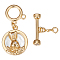 3Pcs Shell Toggle Clasps, with Brass Crystal Rhinestone Findings, Flat Round with Rabbit, Real 18K Gold Plated, 41.5mm, Flat Round: 17x15x3.5mm, O Clasps: 12x12x1mm, T Clasps: 5.5x18x4mm