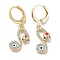 Real 18K Gold Plated Brass Dangle Leverback Earrings, with Enamel and Cubic Zirconia, Snake with Evil Eye, Colorful, 31x12mm