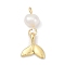 Natural Cultured Freshwater Pearl & Brass Pendants, Fish Charms, Rack Plating, Cadmium Free & Lead Free, Long-Lasting Plated, Real 18K Gold Plated, 21.5x9.5x5mm, Hole: 2mm