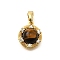 Brass Micro Pave Cubic Zirconia Charms, with Tiger Stone, Round, Real 18K Gold Plated, 13x11x5.5mm, Hole: 5x3mm