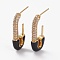 Brass Micro Pave Clear Cubic Zirconia Half Hoop Earrings, Stud Earrings, with Enamel, Long-Lasting Plated, Safety Pin, Black, 24.5x11x3.5mm, Pin: 0.7mm