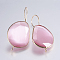 Cat Eye Earring Hooks, with Brass Findings and Horizontal Loop, Lead Free & Cadmium Free, Oval, Light Gold, Pink, 45~47x21~25x4mm, Hole: 2mm, 20 Gauge, Pin: 0.8mm