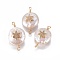 Natural Cultured Freshwater Pearl Pendants, for Jewish, with Cubic Zirconia and Brass Findings, Flat Round with Star of David, Golden, Clear, 19~23x12~14mm, Hole: 1.6mm