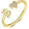 Adjustable Brass Rhinestone Cuff Rings, Letter & Heart, Golden, Letter B, Inner Diameter: 15~20mm