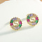 Brass Colorful Cubic Zirconia Stud Earrings, Flat Round, Golden, Letter S, 16x16mm