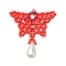 Glass Seed Beaded Butterfly Pendants, with 304 Stainless Steel Jump Ring and Teardrop Imitation Pearl Acrylic Beads, Red, 37x37.5x8mm, Hole: 3.5mm