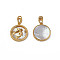 Brass Micro Pave Clear Cubic Zirconia Pendants, with  Natural Shell, Real 18K Gold Plated, Nickel Free, Flat Round with Fish, Creamy White, 18.5x17x2.5mm, Hole: 1.5mm