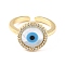 Brass Micro Pave Clear Cubic Zirconia Cuff Rings, Open Rings, Round with Evil Eye, Real 18K Gold Plated, Clear, US Size 6 1/4(16.7mm), 2mm