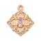 Brass Micro Pave Cubic Zirconia Pendants, Rhombus, Pink, 19.5x16x3.5mm, Hole: 1.8mm