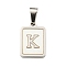 304 Stainless Steel Pave Natural White Shell Pendants, Rectangle with Letter Charms, Stainless Steel Color, Letter K, 17.5x12x1.5mm, Hole: 6x3mm
