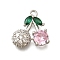 Brass Micro Pave Cubic Zirconia Pendants, Cherry Charms, Platinum, 13x12.5x3.5mm, Hole: 1.2mm