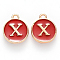 Golden Plated Alloy Enamel Charms, Cadmium Free & Lead Free, Enamelled Sequins, Flat Round, Red, Letter.X, 14x12x2mm, Hole: 1.5mm