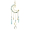 Moon & Star Brass Hanging Ornaments, Natural Aquamarine Chips and Glass Tassel Suncatchers, 300~308mm