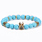 Natural Turquoise Beaded Stretch Bracelets for Women, with Crown & Hexagon Brass Brass Cubic Zirconia Beads
