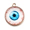 Halloween Theme Glass Pendants, with Golden Alloy Findings, Flat Round with Evil Eye, Deep Sky Blue, 23x20x6.5mm, Hole: 2.5mm