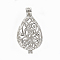 Brass Cage Pendant, Hollow, teardrop, Platinum, 30x16x8mm, Hole: 3x2mm, Inner Measure: 19x14mm