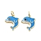 Brass Enamel Pendants, with Jump Rings, Rack Plating, Real 18K Gold Plated, Lead Free & Cadmium Free, Long-Lasting Plated, Dolphin, 15.5x12.5x2.5mm, Hole: 3.3mm