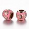 304 Stainless Steel Enamel European Beads, Rondelle with Flower, Rose Gold, Pink, 11x9.5mm, Hole: 5mm