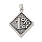 304 Stainless Steel Big Pendants, Rhombus with 1%er Charm, Antique Silver, 52.5x38x4mm, Hole: 4x7mm