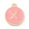 Golden Plated Alloy Enamel Charms, Enamelled Sequins, Flat Round with Alphabet, Letter.X, Pink, 14x12x2mm, Hole: 1.5mm