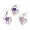 Natural Amethyst Pendants, with Platinum Tone Brass Findings and Crystal Rhinestone, Heart, 29x21.5x9mm, Hole: 7x3.5mm