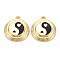 Rack Plating Light Gold Alloy Enamel Pendants, Cadmium Free & Lead Free, Flat Round with Yin Yang, Black, 20x18x3.5mm, Hole: 1.6mm